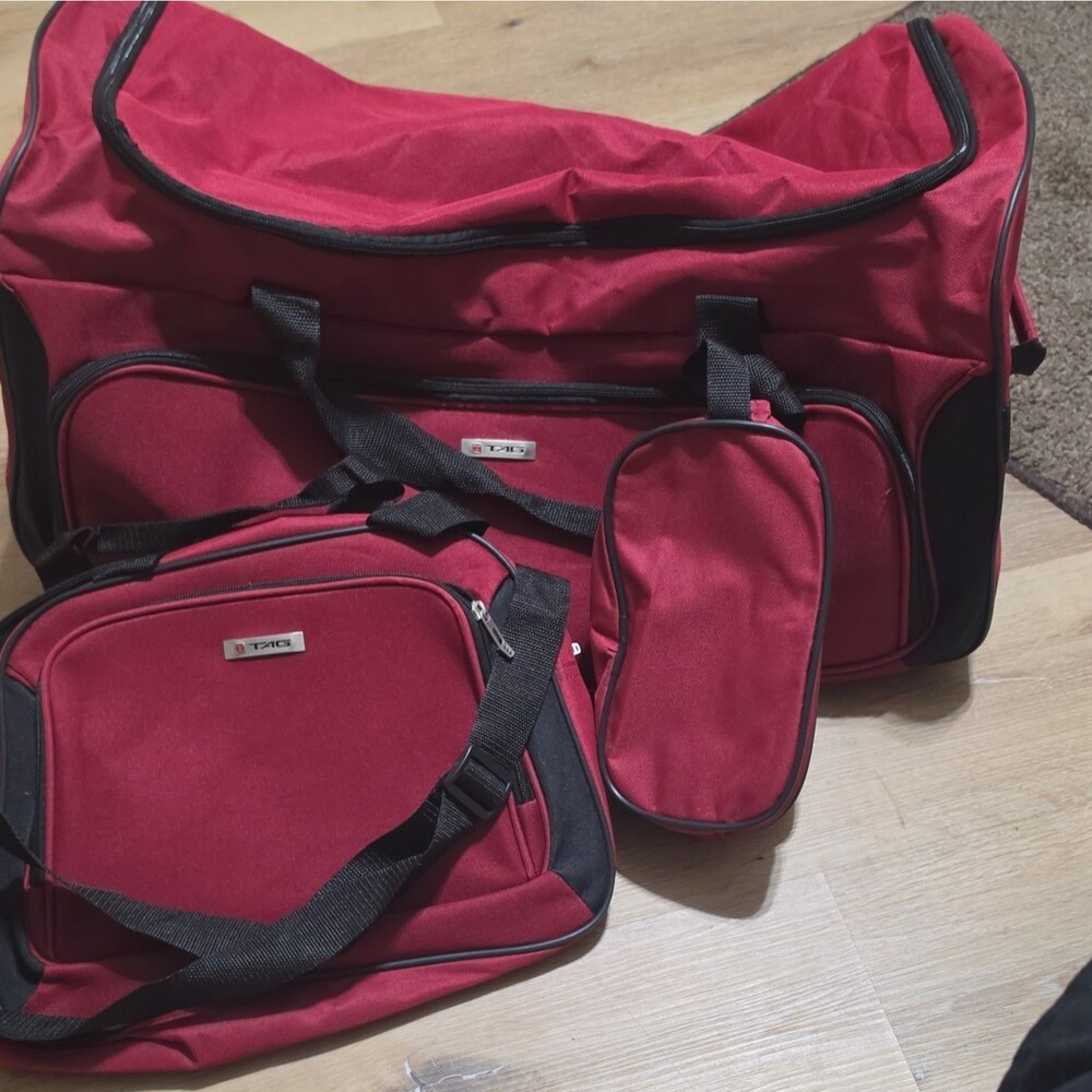 TAG 3 Piece Red Rolling Duffel Luggage Set Carry On Travel Bag Toiletry Case